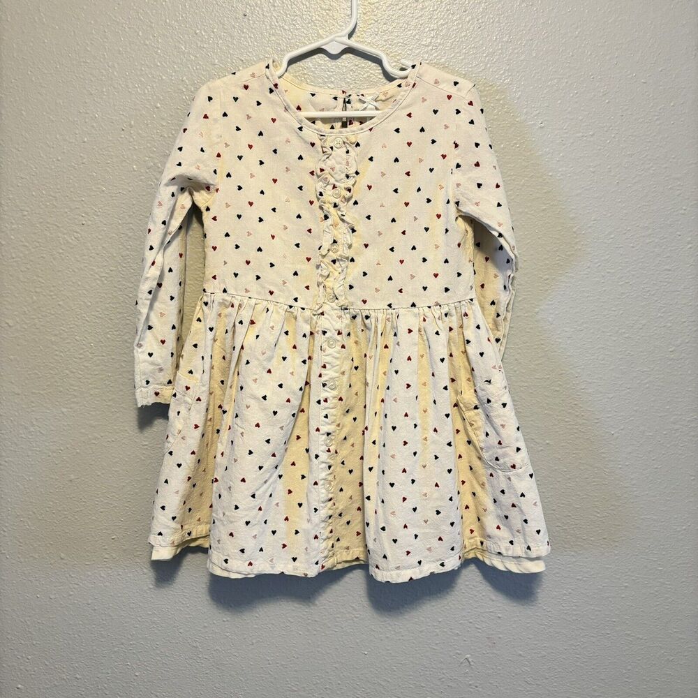 Heart Embroidered Cream Lined Round Neck kids Dress with Long Sleeves sz 5/6